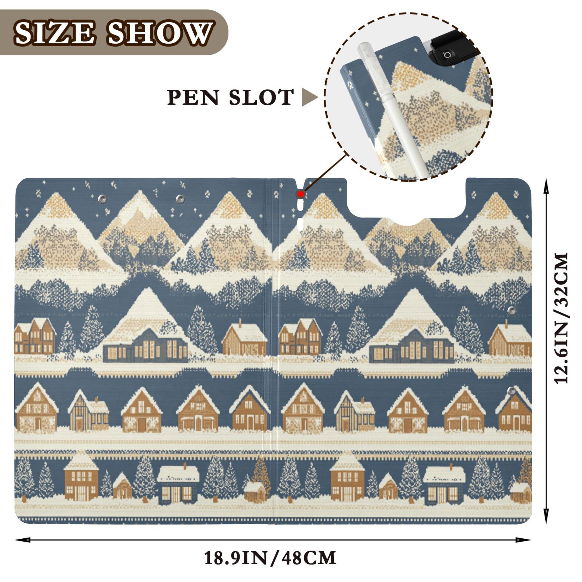 FORMRS A4 Clipboard Folder with Pen Holder Horizontal Foldable School Office Binder, Winter Village