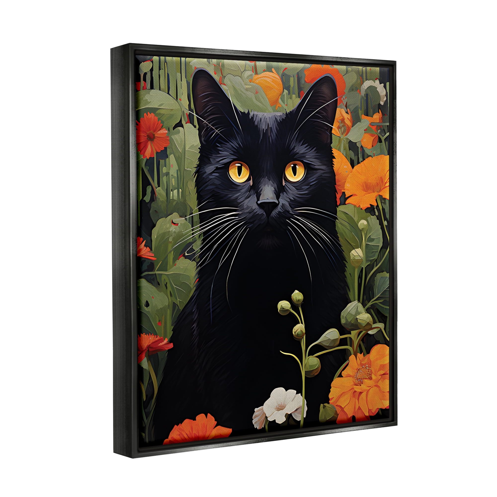 Stupell Industries Black Cat Garden Flowers Animals & Insects Painting Black Floater Framed Canvas Art Print Wall Art, 25 x 31