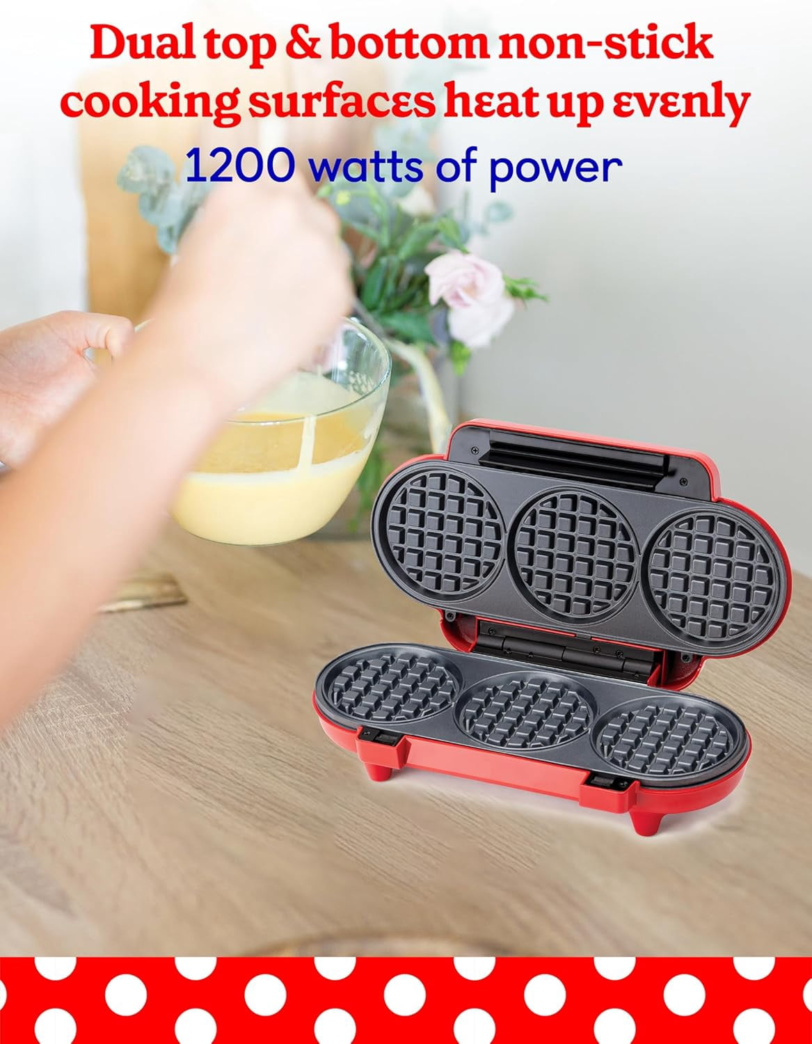 Betty Crocker Mini Waffle Maker, 550W Compact Kitchen Appliance, Quick & Even Heat for Home and Kitchen, Makes 4.5" Waffle, 4.9" Non-Stick Plates, Recipes Included, BC-4888R, Red
