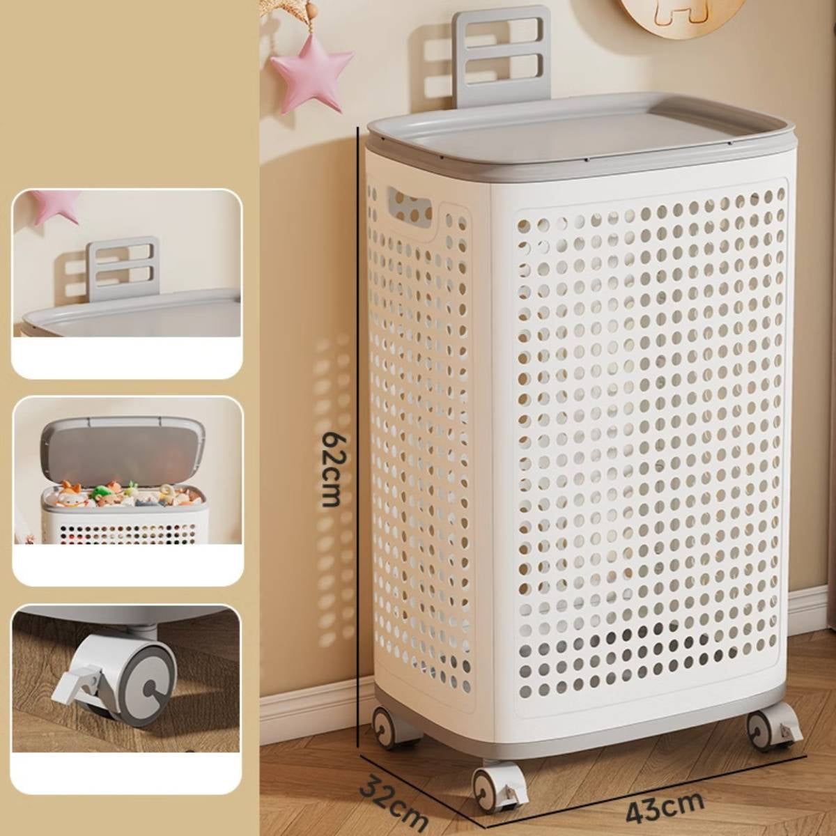 Sentk 67L Large Rolling Laundry Hamper with Wheels & Handle - Mobile Storage Basket for Teens, Adults, Dorm, Bathroom, Bedroom - White Plastic Organizer Bin