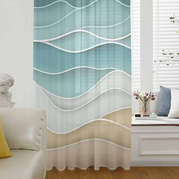 Turquoise Semi Sheer Curtains Drapes for Living Room, Bedroom, French Doors Window 54 Inches Long, Ocean Wave Stripes Modern Abstract Beach Rod Pocket Chiffon Curtain Drapery Voile Draperies Panel