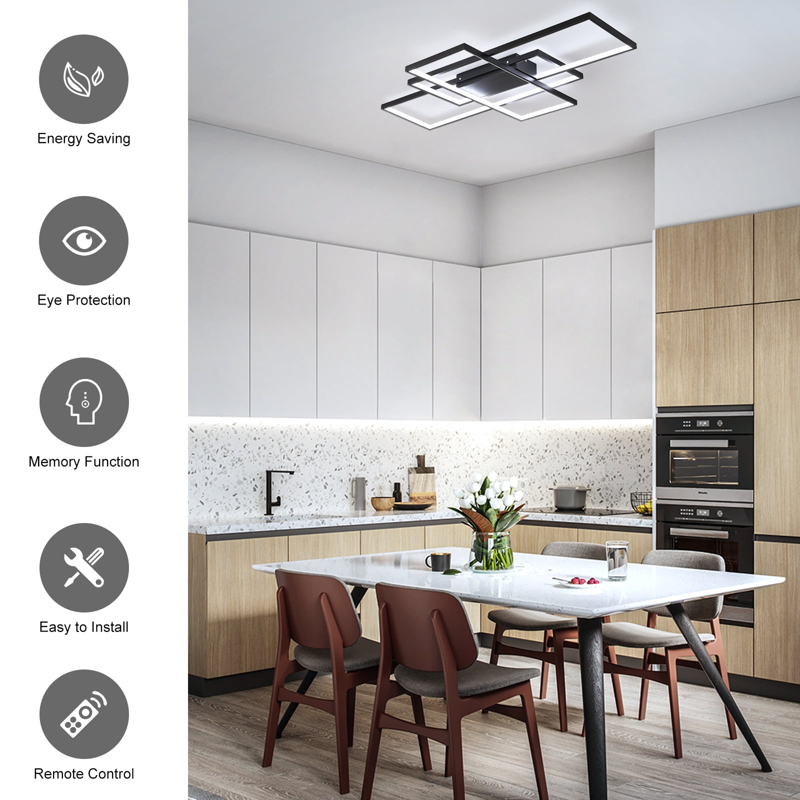 Garwarm 35.4in. Black 3-Square LED Ceiling Light with Remote, 50W Dimmable Flush Mount Ceiling Light, Modern Acrylic Fixture for Living Room Bedroom Kitchen