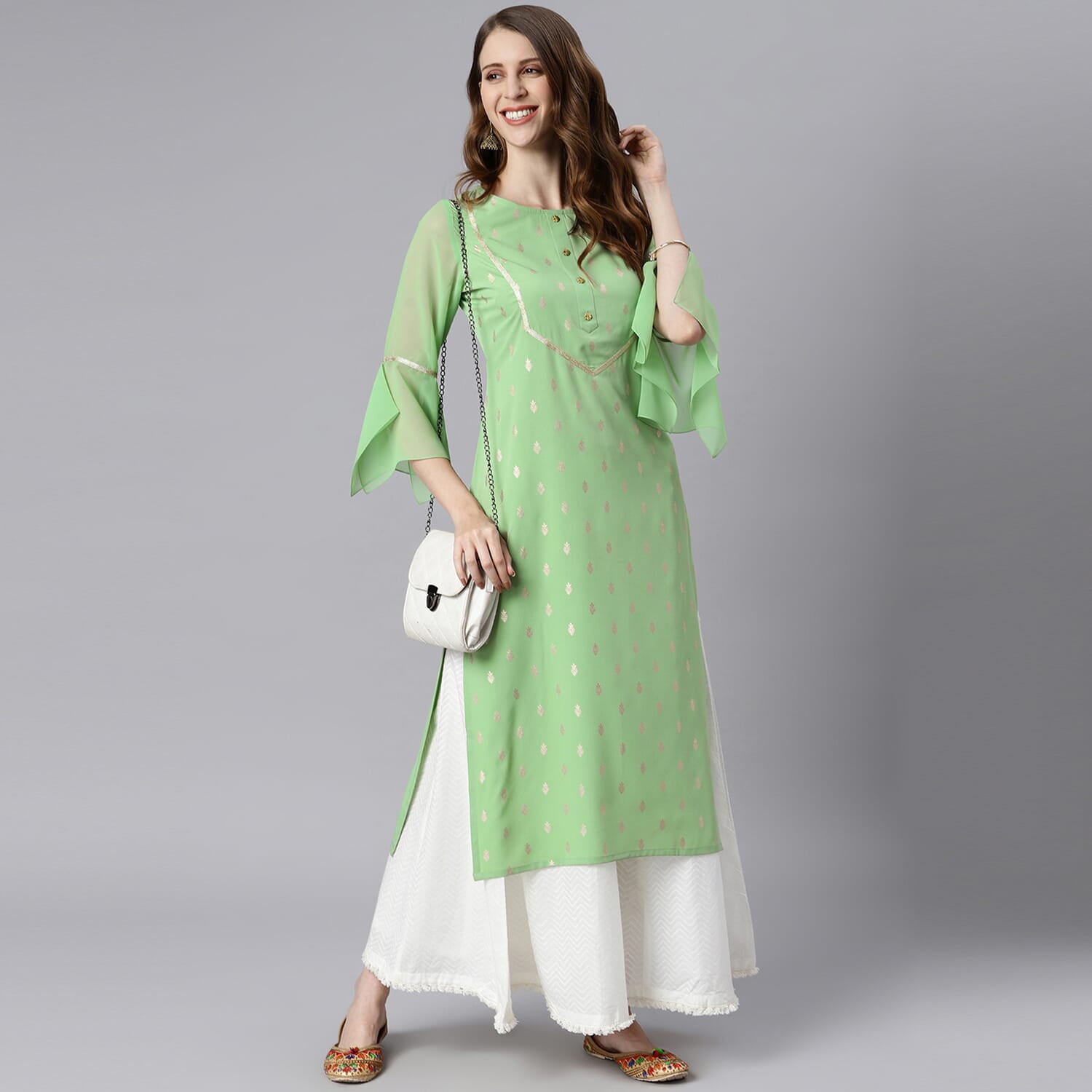 Janasya Indian Round Neck 3/4 Sleeve Ethnic Motifs Light Green Poly