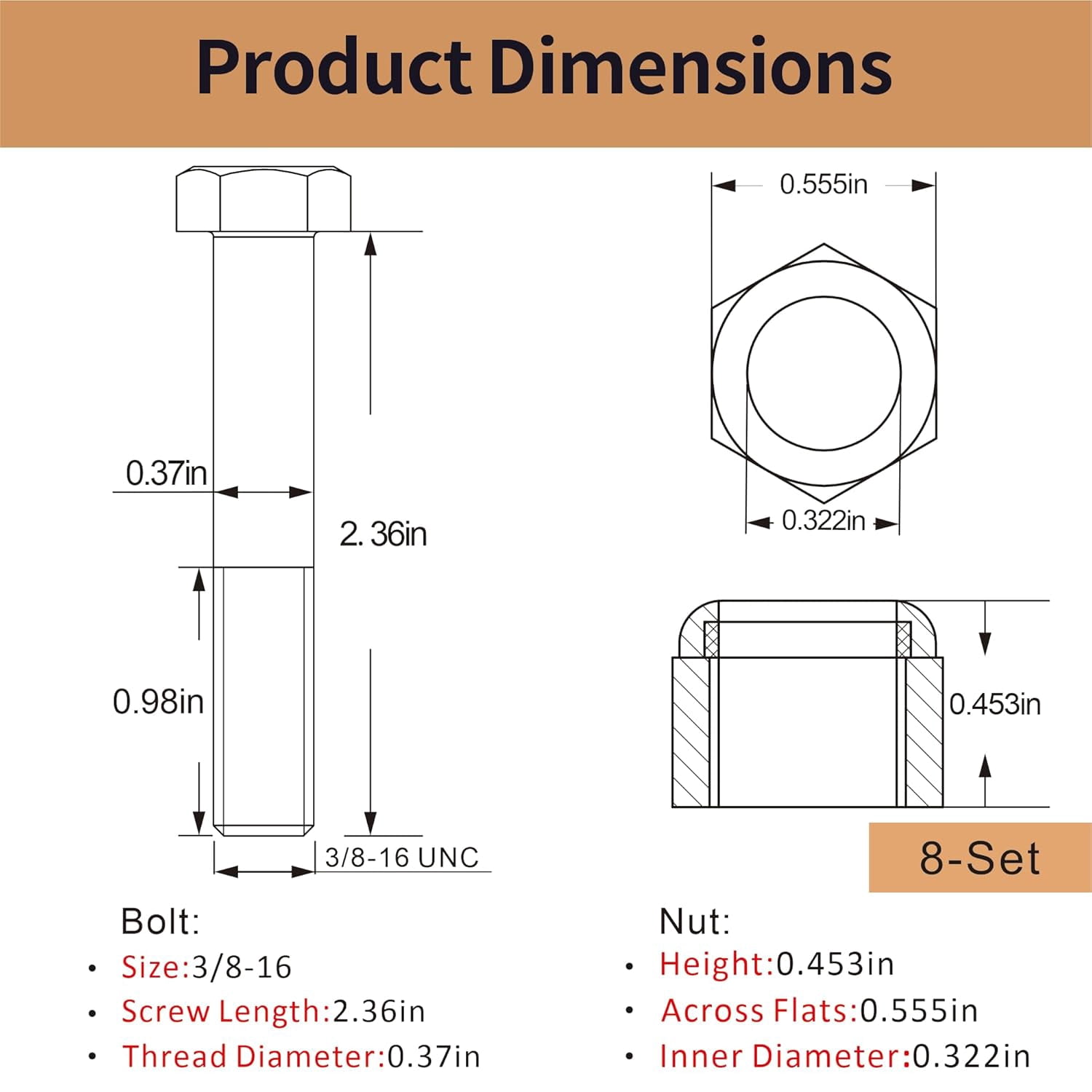 8-Set Caster Wheel Bolts and Nuts, 3/8"-16 x 2.36 Long,Galvanized Carbon Steel,Hex Head Screws with Nylon Lock Nuts, Replacement Hardware for Handcarts, Dollies and Utility Carts.