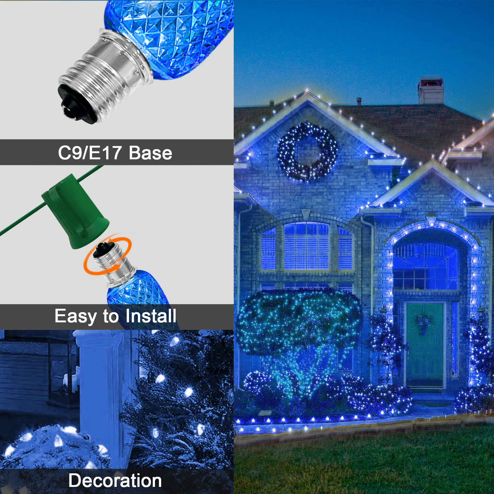 LAMPHOME Blue C9 Christmas String Light Outdoor, 25FT Shatterproof LED for House Rooflines & Pathways, Connectable Waterproof Vintage Christmas Light for Tree, Yard, Patio, Porch, Garden