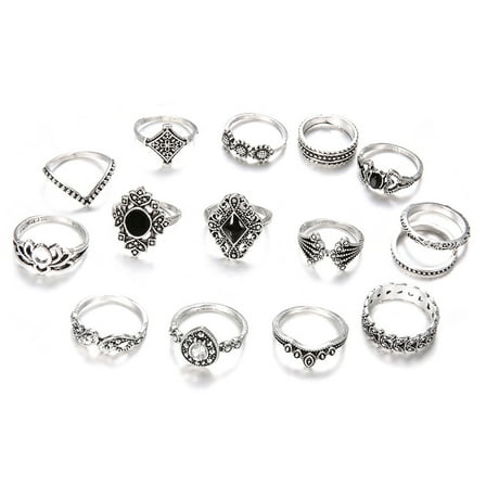 HEMLBOYW 15Pcs Vintage Silver Joint Knot Rings Set Women Stackable Joint Retro Stone Crystal Stacking Rings