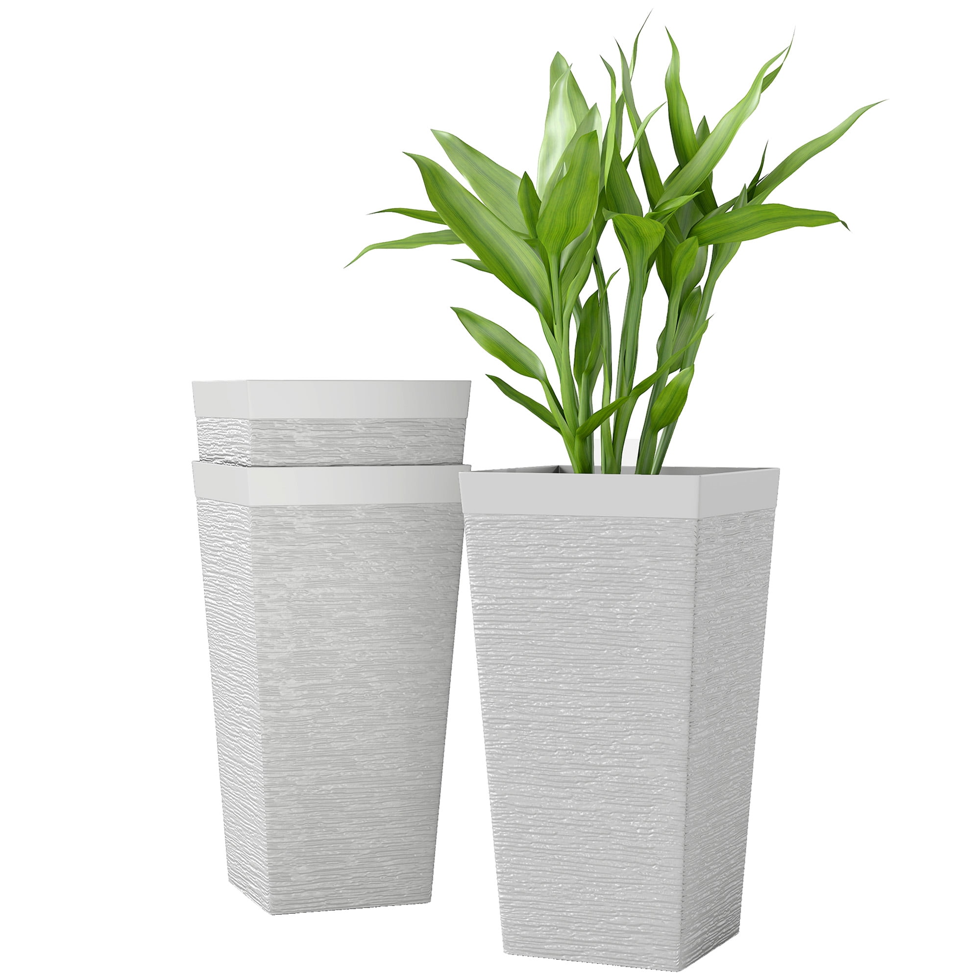 Outsunny 22.8 Inch Outdoor Planters, Set of 3 Plastic Flower Pots with Stone Finish and Wheels, Stackable Tapered Planters with Drainage Hole, White
