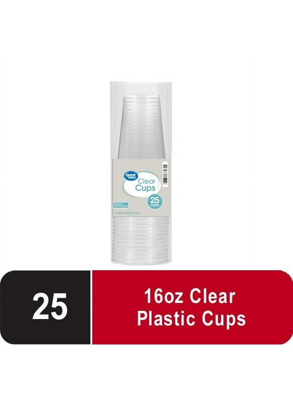Great Value Disposable Plastic Cups, Clear, 16 oz, 25 Count