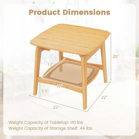 Costway 1 PCS Bamboo Sofa Side Table with Faux Rattan Storage Shelf Boho End Table Living Room - Natural