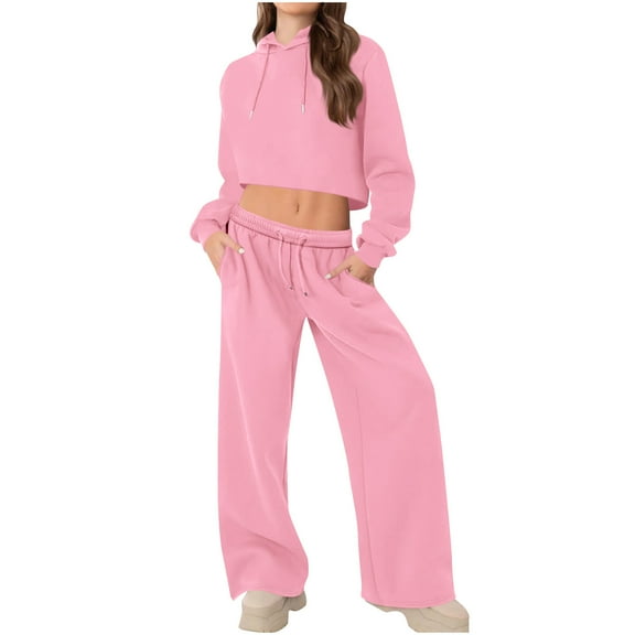 AINIYS Women's Casual Cropped Hoodie and Sweatpants 2 Piece Outfits Long Sleeve Hoodies with High Waisted Sweatpants Jogger Tracksuits Pink L