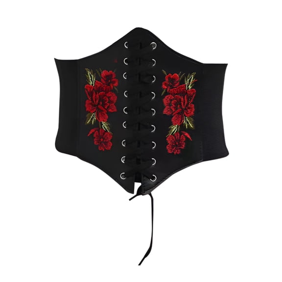 TELOLY Elastic Wide Belts for Women Decorative Shirt Suit Skirt Waistband Retro Gothic Lace-Up Embroidered Leather Waist Belt for Dresses Jeans Red