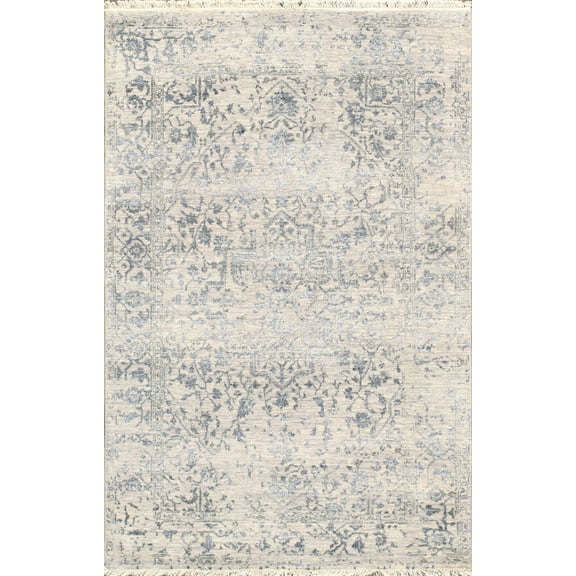 Pasargad Home Transitional Collection Hand Knotted Bsilk & Wool Area Rug, 4' 0" X 6' 2", Silver/Grey
