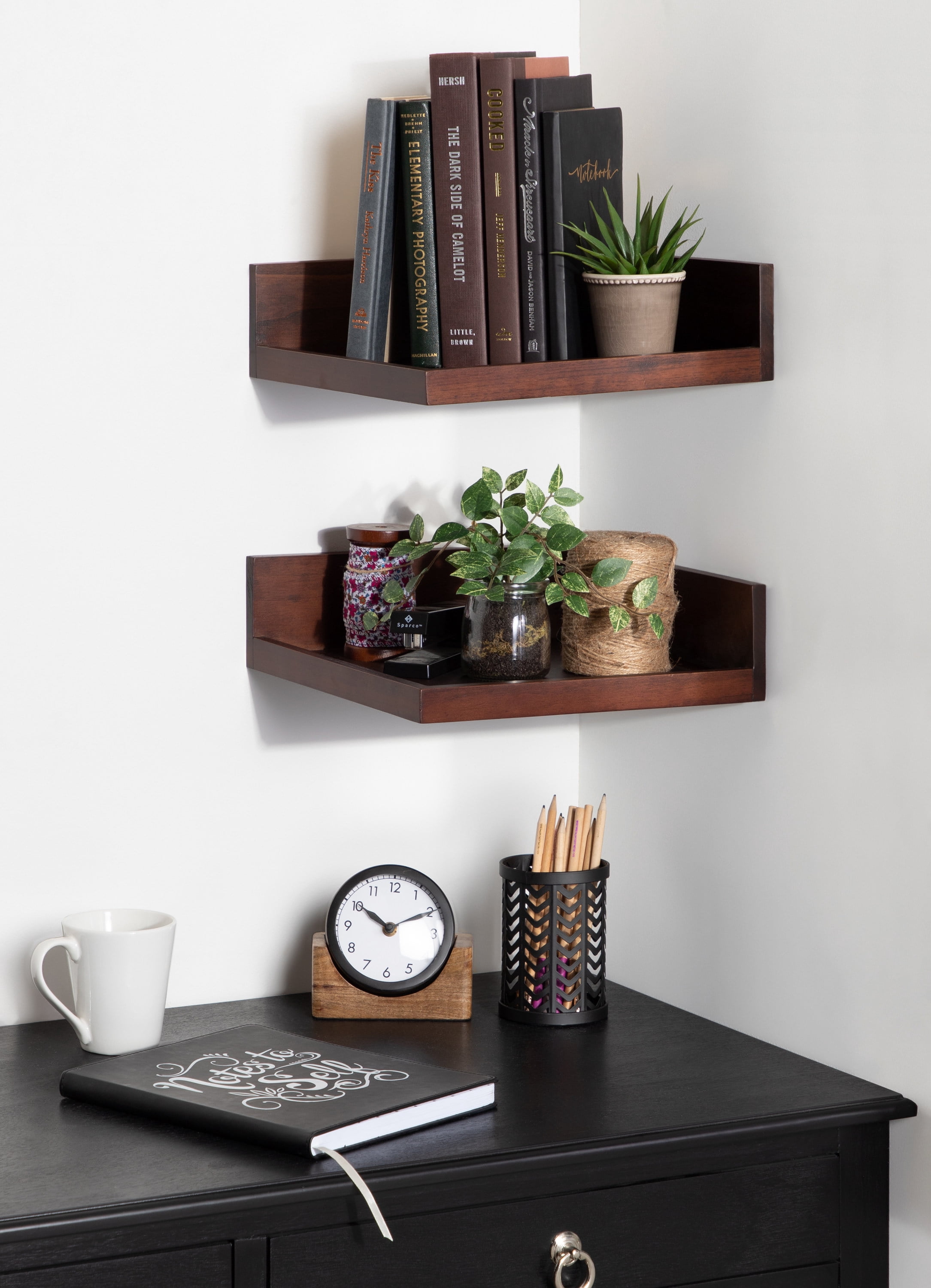 Kate and Laurel Levie Modern Floating Corner Wood Wall Shelves, 12 x 12 Inches, 2 pack, Walnut Brown