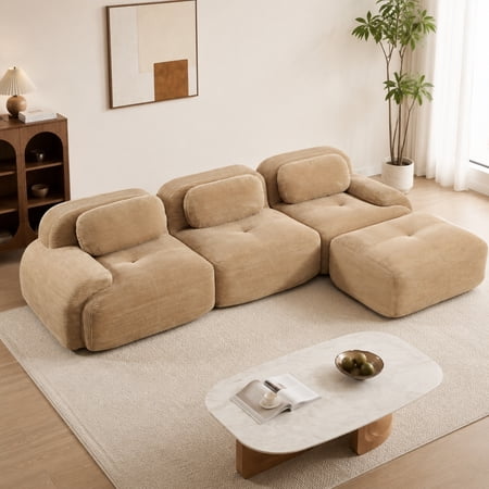 Modular L-Shaped Sectional Sofa with Ottoman Corduroy 3-Seater Ergonomic Sofa Couch with Curved Armrests for Living Room Bedroom