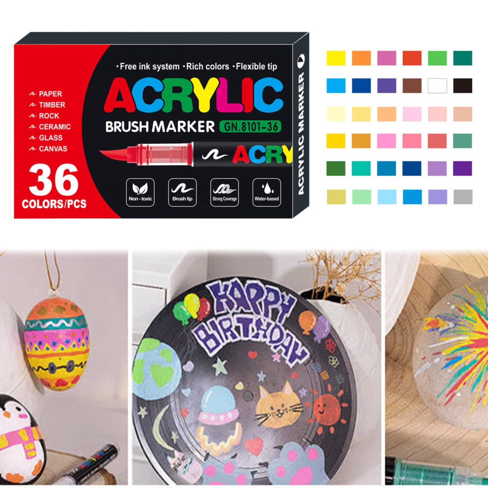 RUIG 12/24/36/48 Colors Acrylic Paint Pens,Soft Brush Tip Acrylic Paint Markers,Quick-Drying Waterproof Acrylic Markers for Canvas,Rock Painting,Wood,Ceramic,Fabric,Art Paint Supplies Kit