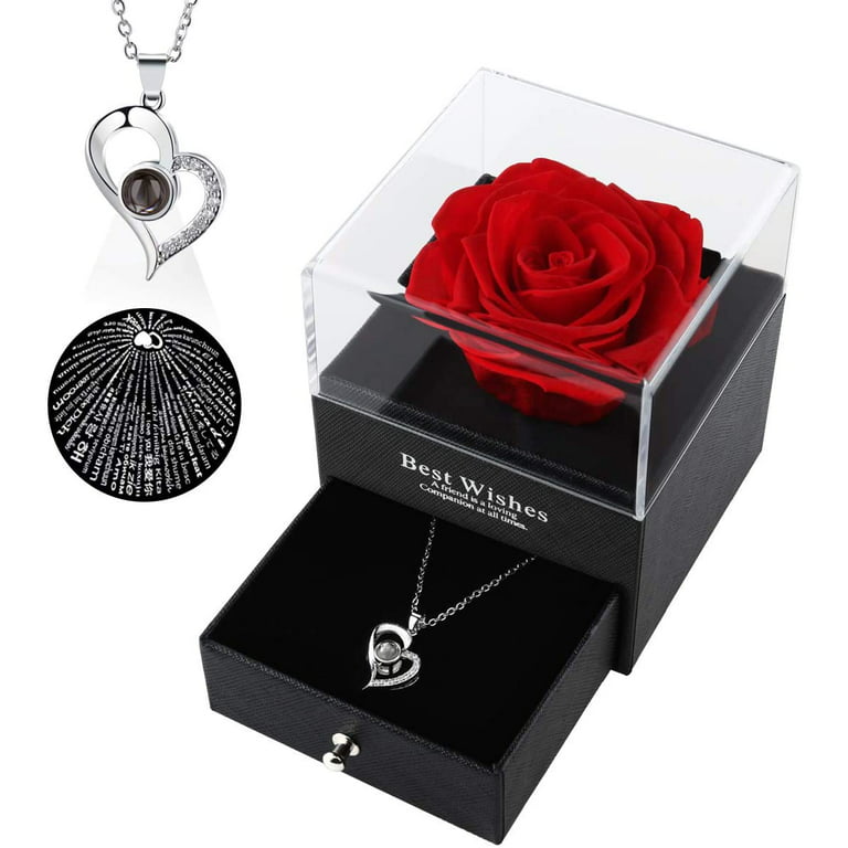 Best Gift for Woman, Preserved Red Real Rose with I Love You Necklace in  100 Languages, Romantic Gifts for Her on Mother's Day, Birthday,  Anniversary. 