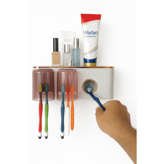 Zerak Wall Mounted Toothbrush Holder with Toothpaste Dispenser, 2 Cups, Bathroom Organizer with Storage Slots and Brush wash Cups