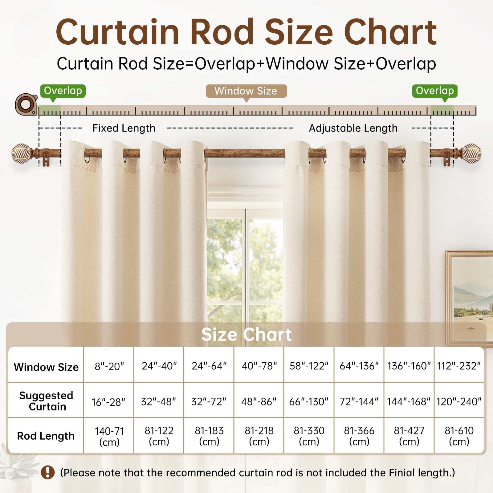 NewBuros Adjustable Wood Curtain Rod, 32 to 86 Inch, 1" Diameter Heavy-Duty Indoor Curtain Rod, Sturdy Rust-Proof with Wood Grain Leaf Pattern, Coffee Brown