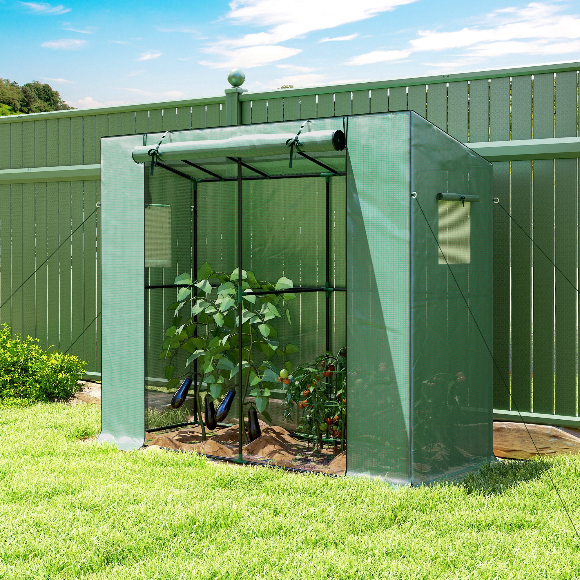 FASCK 6.6' x 2.5' x 5.6' Lean-to Small Greenhouse for Outdoors, Portable Greenhouse with UV-Resistant PE Cover, Walk-in Green House with Roll-up Door and Mesh Windows,Green