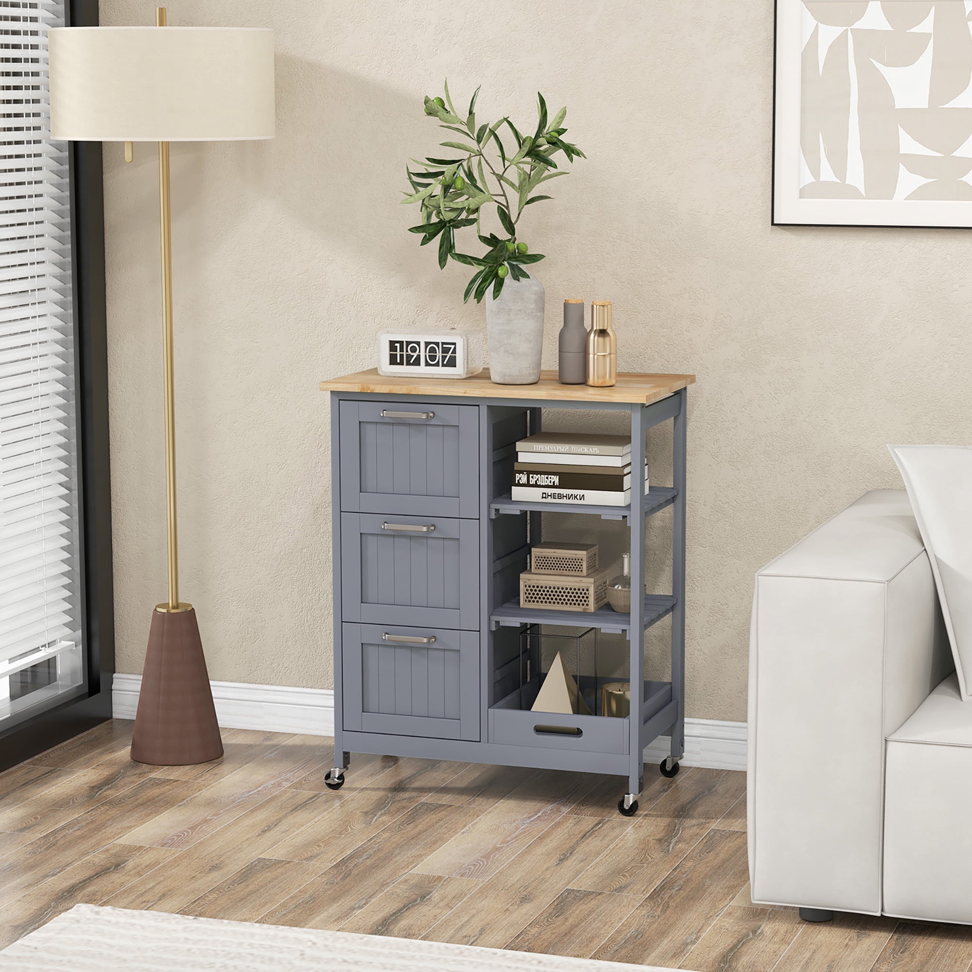 Gymax Rolling Kitchen Island Utility Storage Cart w/ 3 Storage Drawers & Shelves Grey