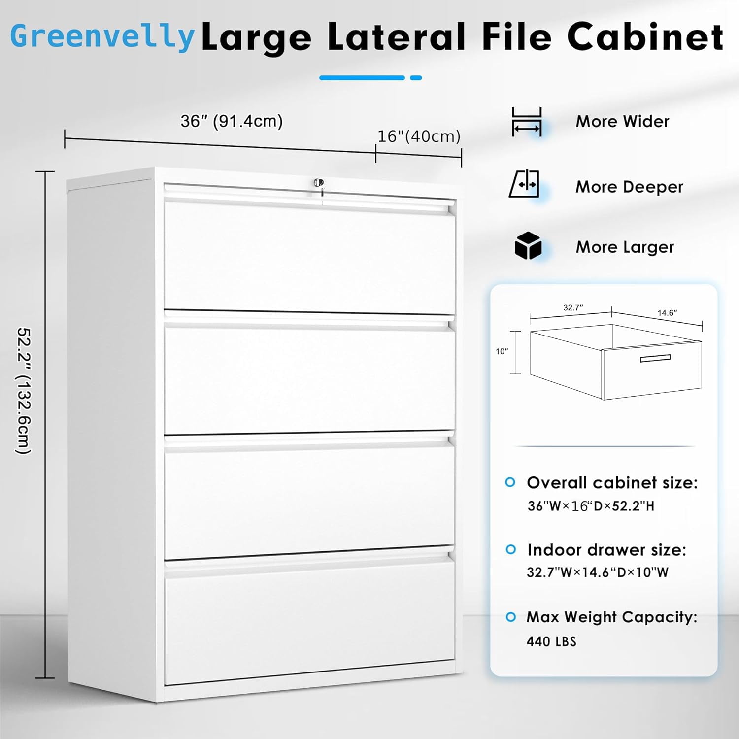 SOLAURA Metal Lateral File Cabinet with 4 Drawers for Office, Home, School, White