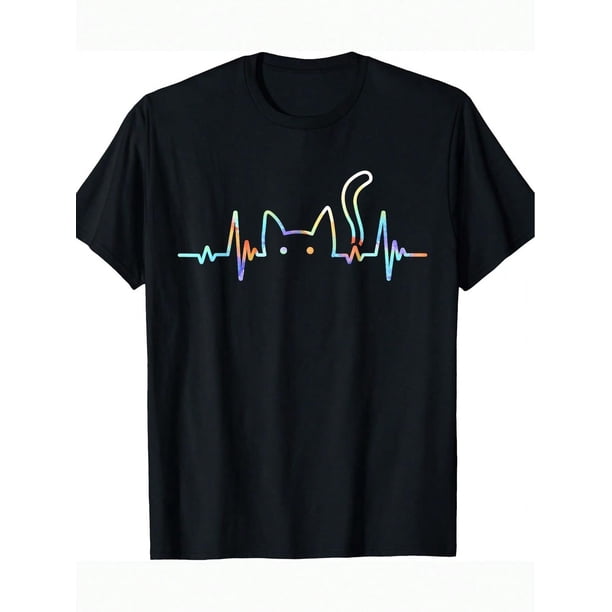 Men's Heartbeat Cat Graphic T-Shirt - Soft Cotton, Short Sleeve, Round Neck, Casual & Stylish for Casual Attire, Parties, and Outdoor Activities, Party Graphic Tee | Casual Round Neck | Soft Cotton S