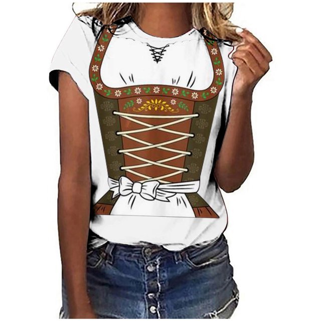 Pompotops Blouse Décontractée Mode Femme Imprimé Oktoberfest Col Rond T-Shirt Blouse Imprimée Tee Liquidation