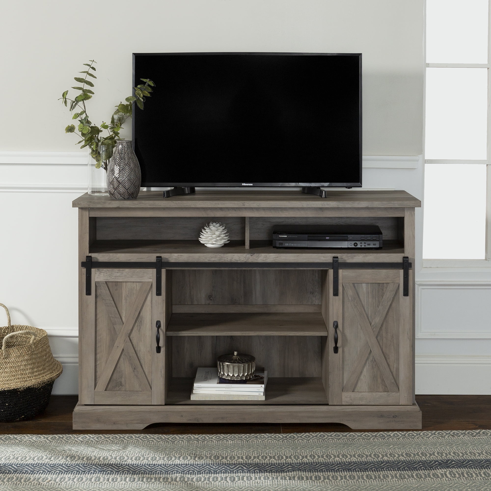 Farmhouse Barn Door Grey Wash TV Stand for TVs up to 58" by Manor Park