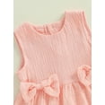 thumbnail image 6 of Loicainy Toddler Baby Girl Summer Clothes Set 6 12 18 24 Months 2T 3T 4T 5T Solid Color Bow Round Neck Tank Tops + Elastic Waist Ruffled Shorts 2 Pcs Outfits, 6 of 10