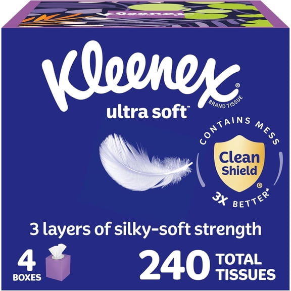 Kleenex Ultra Soft Facial Tissues, 4 Cube Boxes, 60 Tissues per Box, 3-Ply (240 Total), Packaging May Vary (New Pack)