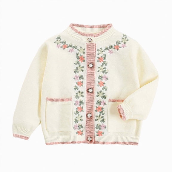 NIEWTR Kids Coats Girls Embroidery Heart Knitted Cardigan Sweater Coat Cute Soft Warm Outerwear for Baby Toddler and Kids Solid Color(A-White,4-5 Years)