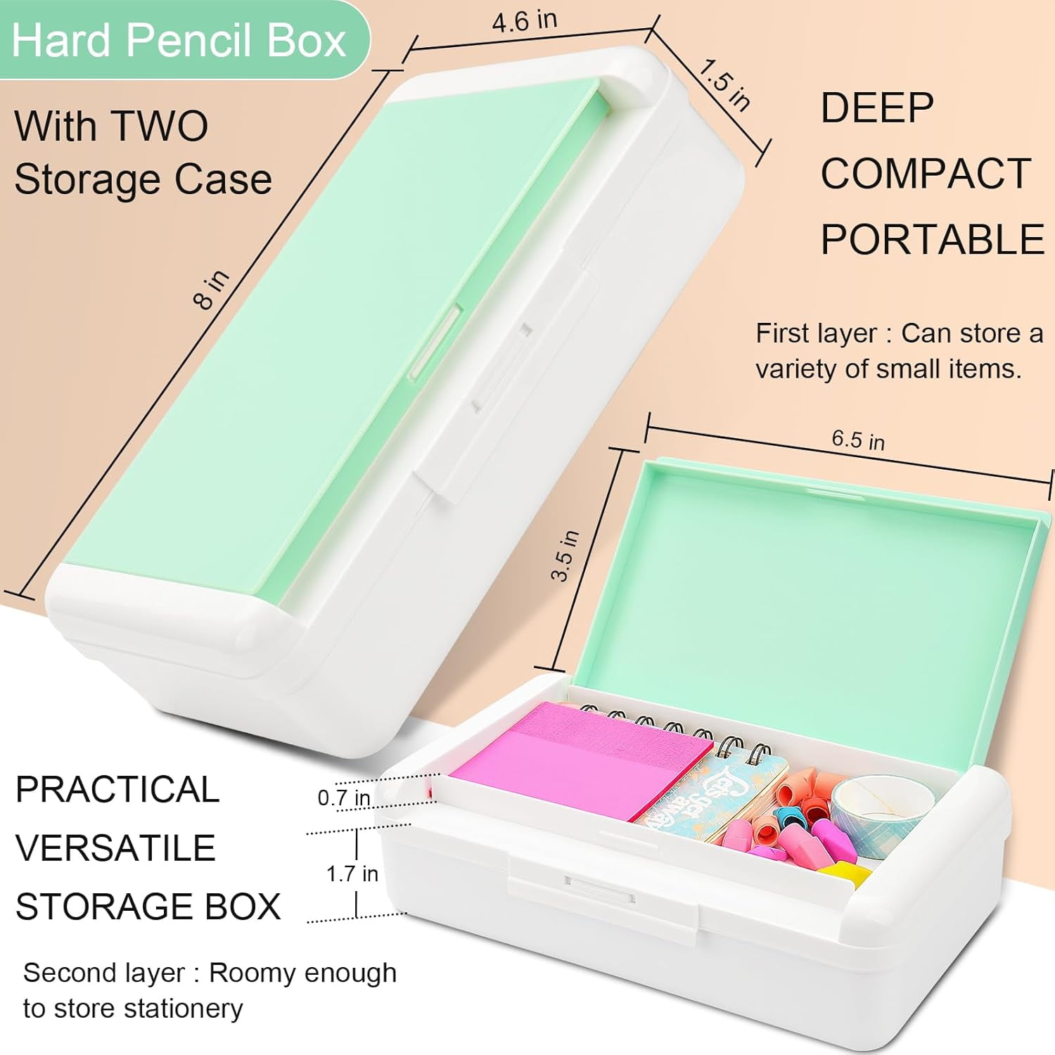 Pencil Box for Office Supplies Storage Organizer, Double Layer Large Capacity Pencil Boxes, Plastic Crayon Box with Snap-tight Lid,Stackable Storage Case for Gel Pen Pencils Case-Pale Green