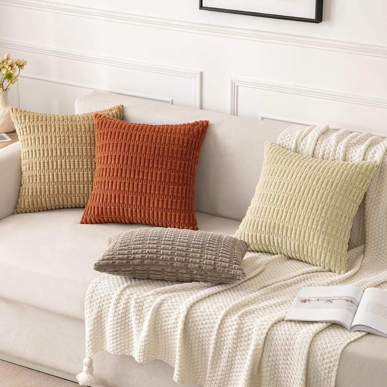 Wehilion Pack of 2 Corduroy Decorative Throw Pillow Covers Soft Boho Striped Pillow Covers Modern Farmhouse Christmas Home Decor for Sofa Living Room Couch Bed