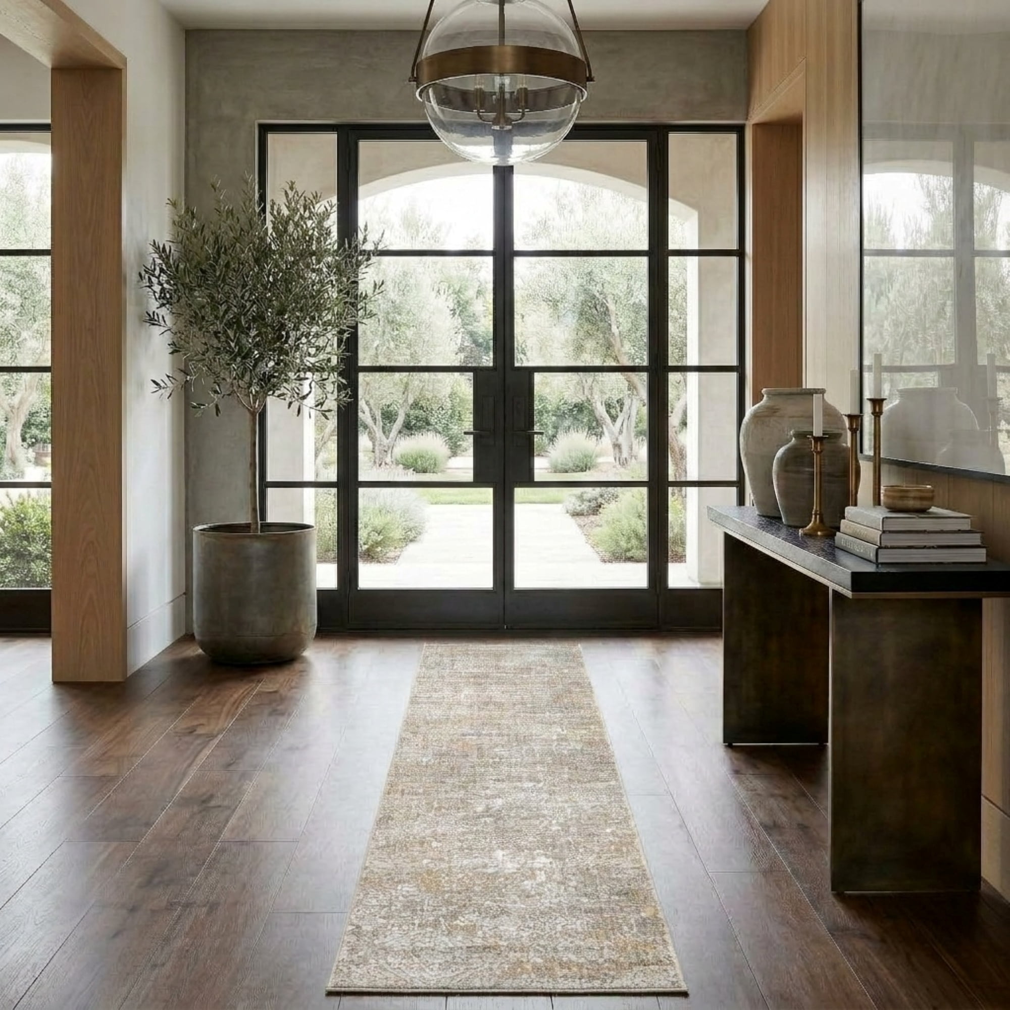 Ox Bay Claire Damask Transitional Performance Polyester Indoor Runner Rug, Gray/Beige, 2' x 10'