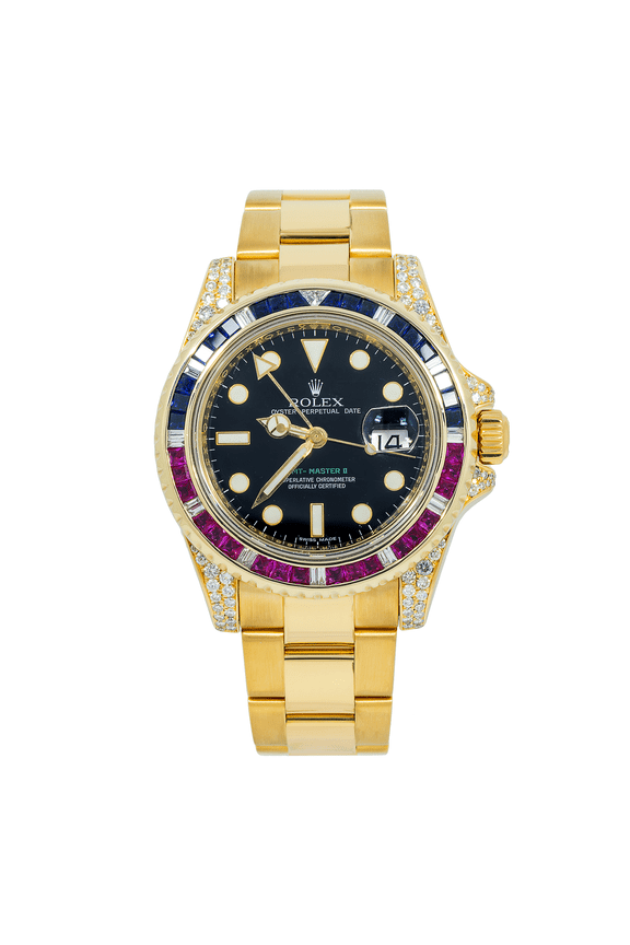 Pre-Owned Rolex GMT-Master II 40MM 116718 Black Dial Blue Red Gemstone & Diamond Bezel 18K Yellow Gold Oyster Bracelet