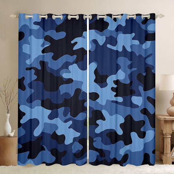 jejeloiu Rustic Camouflage Black Out Curtains,Farmhouse Camo Hunting Curtains Pack of 2 (42x63 Each),Blue Black Bedroom Curtains For Men Women,Super Cozy Room Decor