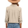 thumbnail image 5 of Linen Blouse for Women Lapel V Neck Rolled Sleeve Button Down Casual Officewear Loose Fit Solid Texture Lightweight Breathable Soft Fabric Summer Fall Tunic Tops, 5 of 7