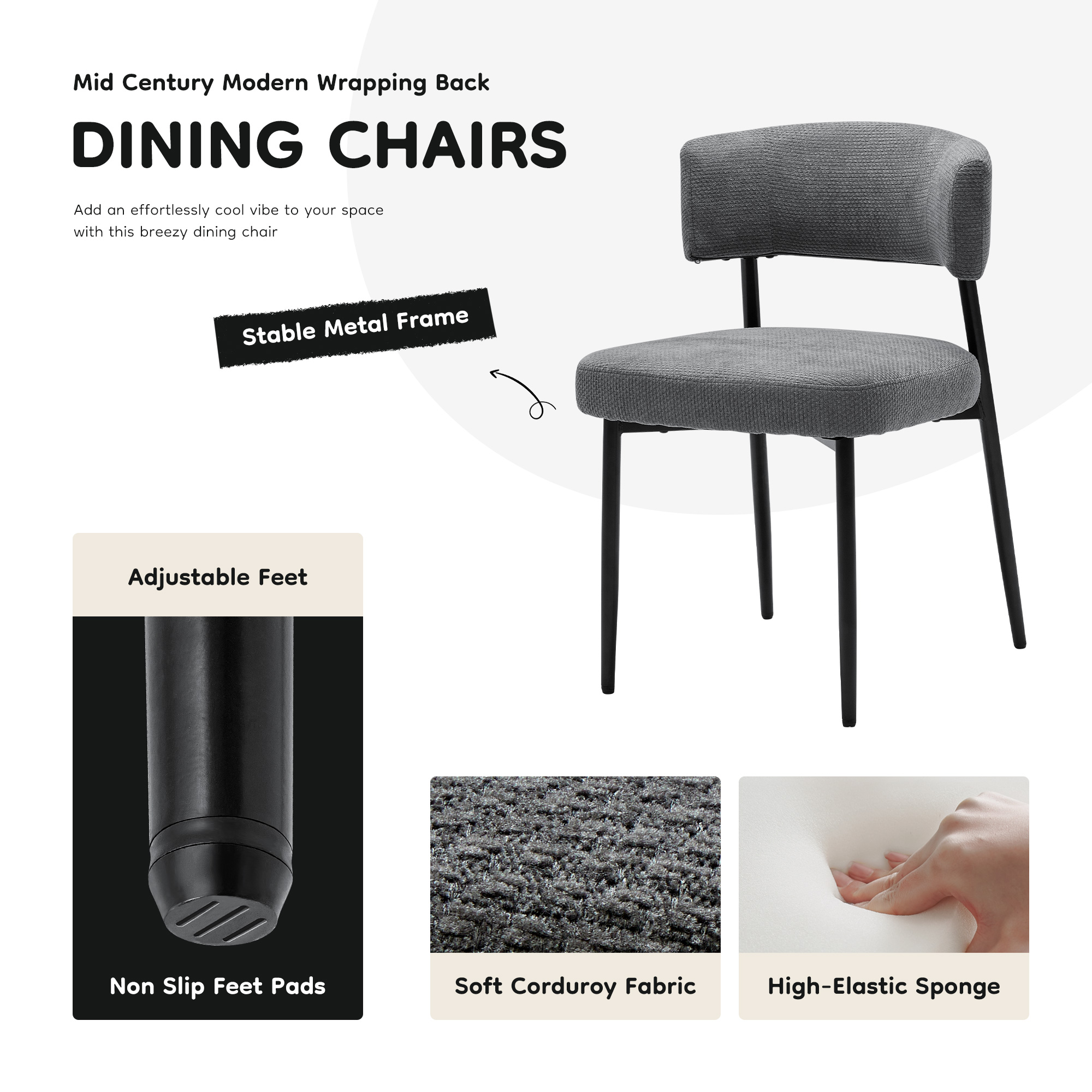 Modern Dining Chairs Set of 4, Upholstered Dining Chairs with Curved Backrest, Sturdy Metal Frame