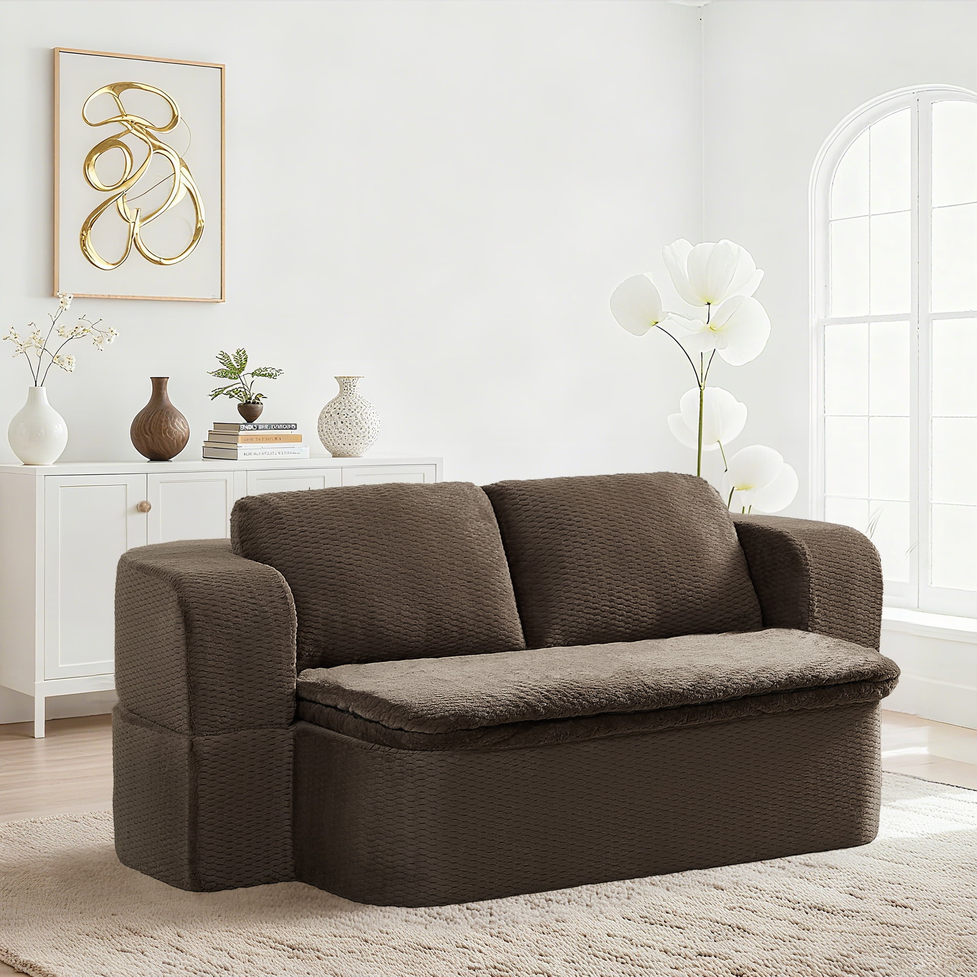 74.8" Convertible Sofa Bed, Compression Loveseat Sleeper, Foldable Sleeper Sofa with Armrest and Pillows for Living Room and Apartment, Dark Brown