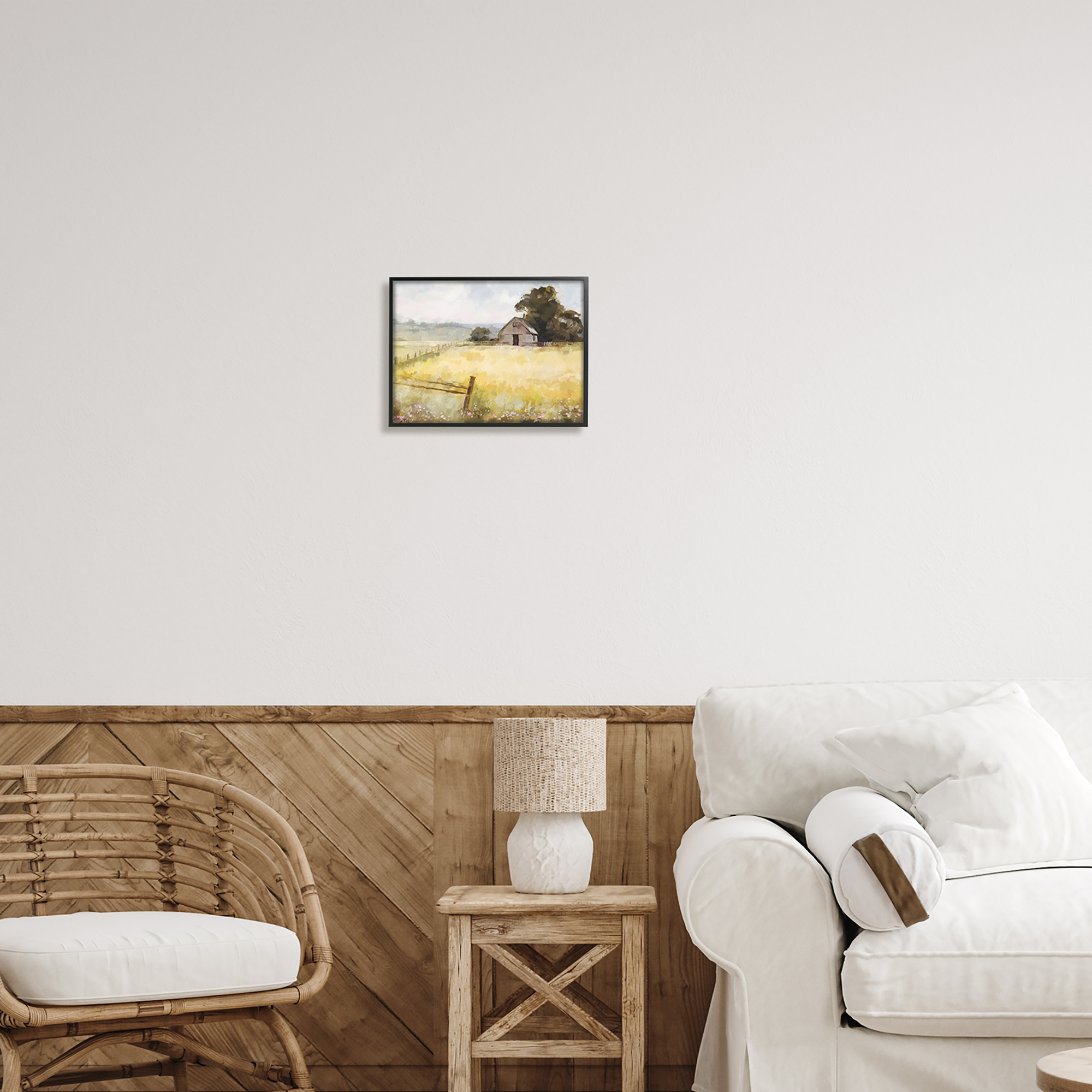 Stupell Industries Distant Barn Country Fence Landscape Painting Black Framed Art Print Wall Art, 14 x 11