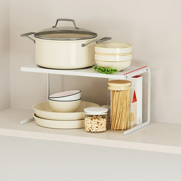 Estante organizador para gabinete de cocina, estante de almacenamiento expandible con estantes retráctiles, organizador de metal blanco de 24 x 17 x 23 cm para almacenamiento debajo del