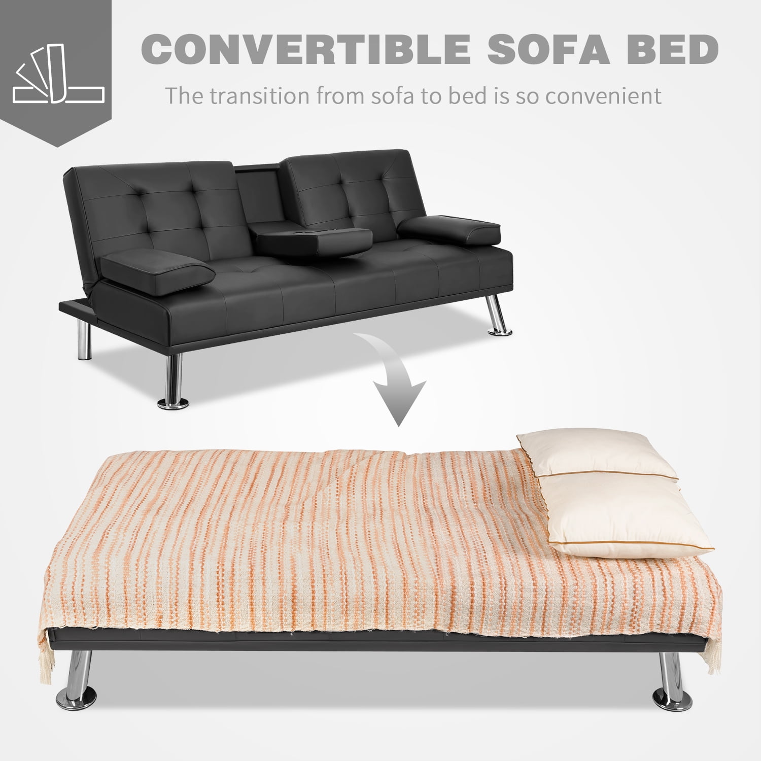 Vineego Modern Faux Leather Couch Convertible Folding Futon Sofa Bed with 2 Cup Holders, Black