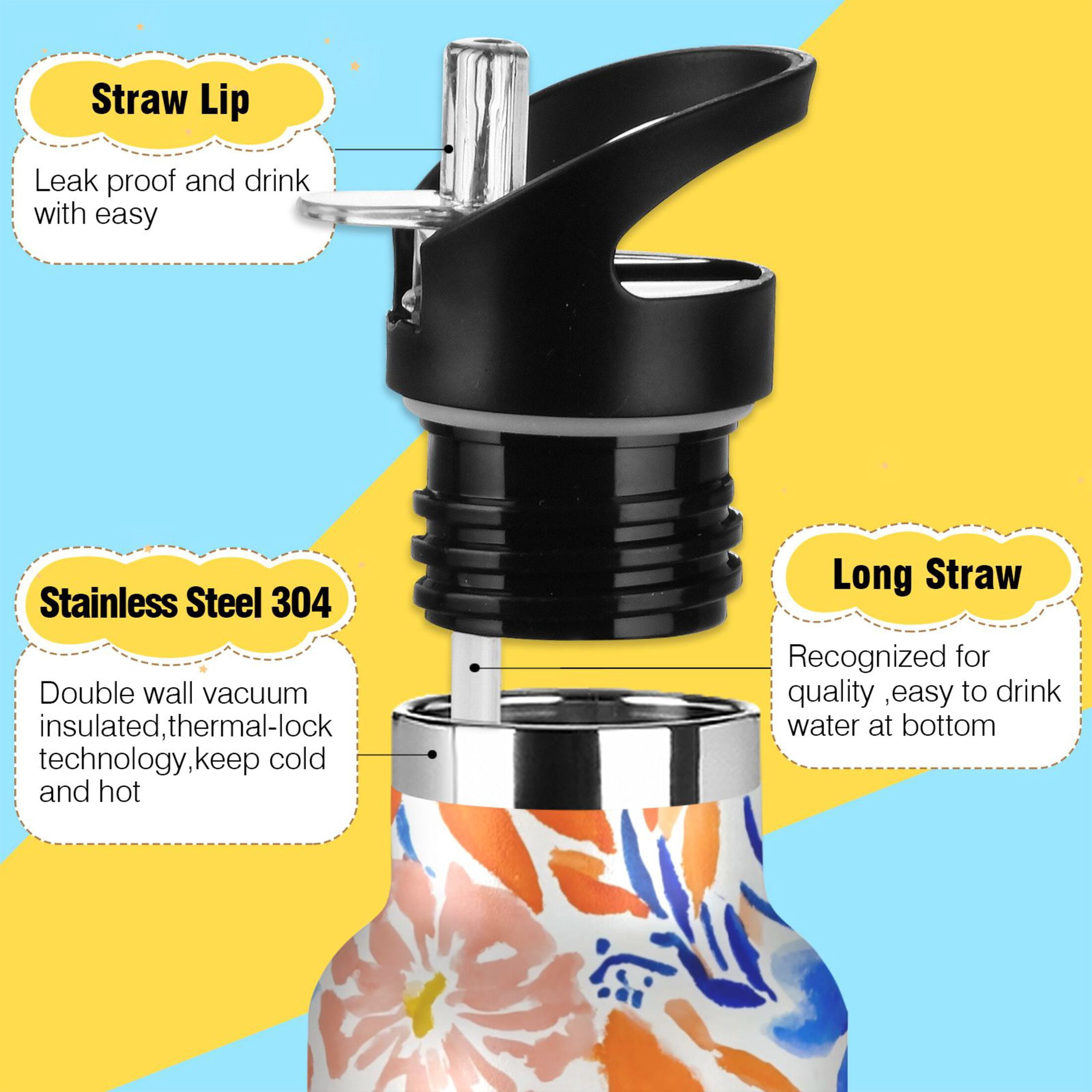 Kids Insulated Stainless Steel Sports Water Bottle 600ml (20oz) Hand-painted Watercolor Floral