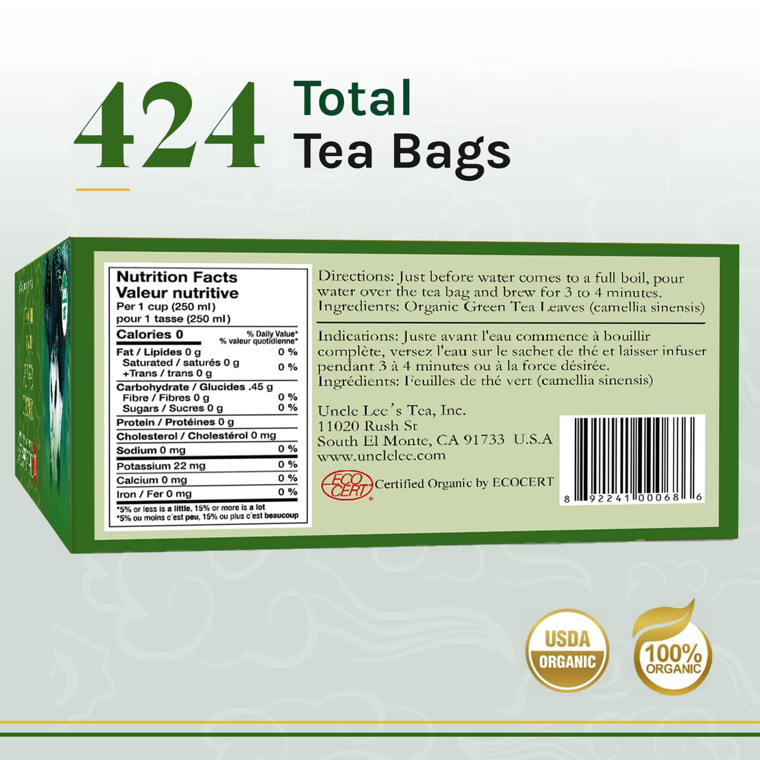 Uncle Lee's Organic Green Tea Bags 4-Pack, 106-Count Super Packs – Bright & Refreshing, Lightly Caffeinated Bulk Tea for Home, Office, Camping