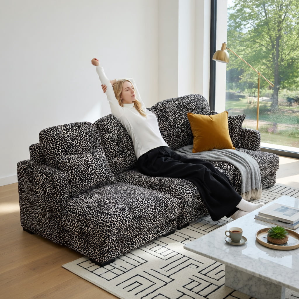 Hommoo 131" Modular Leopard Print Chenille 4-Seat Sectional Sofa, Tassel-Trimmed, Deep Seat, Ergonomic Support, Easy Assembly for Living Room, khaki