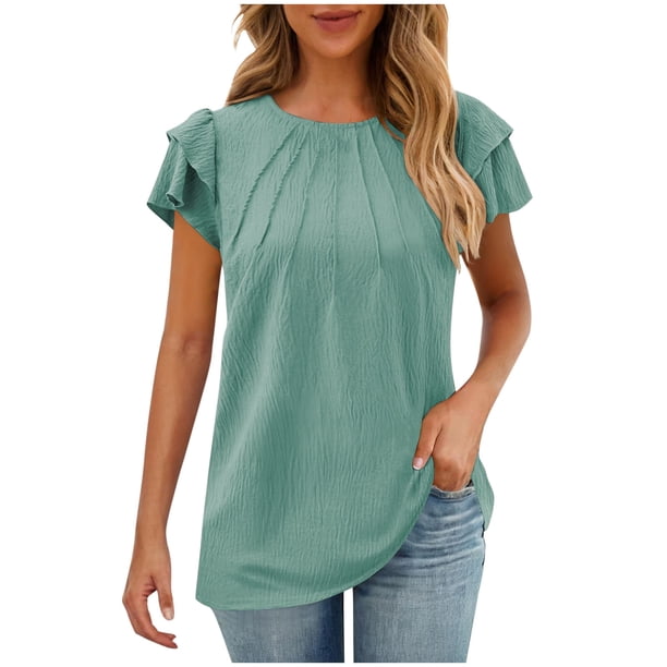 Camisas de Cuello de Tripulación de Manga Corta para las Mujeres Plisado Mangas de Ruffle, Cuello Redondo Casual Primavera Y Blusa de Verano