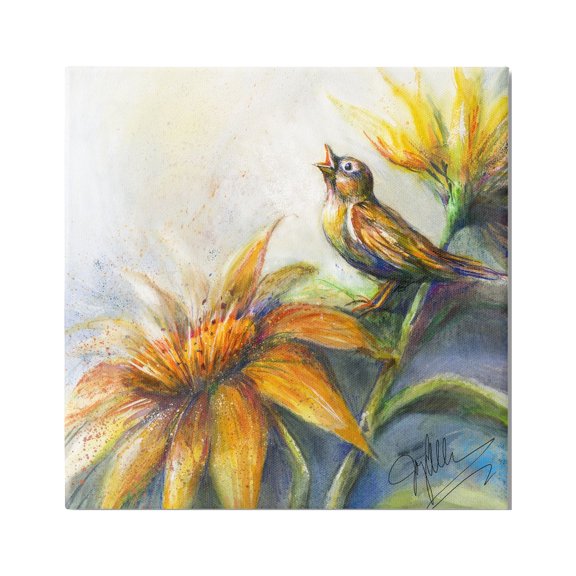 Stupell Industries Bird Singing Yellow Flowers Botanical & Floral Painting Gallery Wrapped Canvas Print Wall Art, 17 x 17