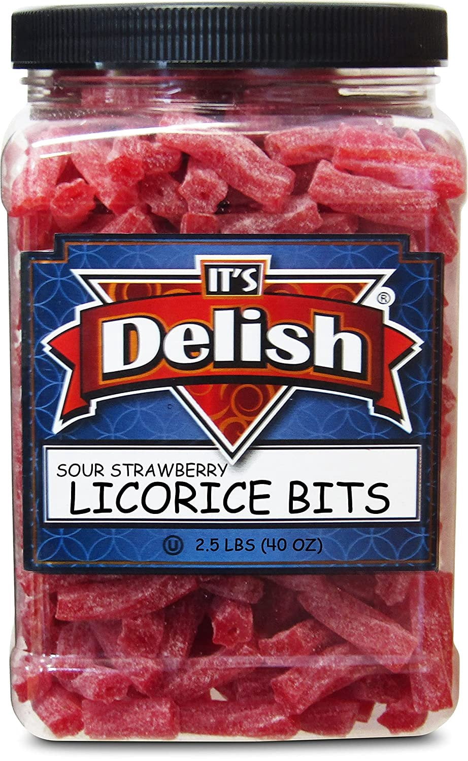 Sweet & Sour Strawberry Licorice Bits by Its Delish, 2.5 LBS 40 Oz Jumbo Container Jar  Chewy Red Strawberry Lightly Sour Candy Twists  Great Gifts Party Sweets  Made in USA, Vegan, Kosher