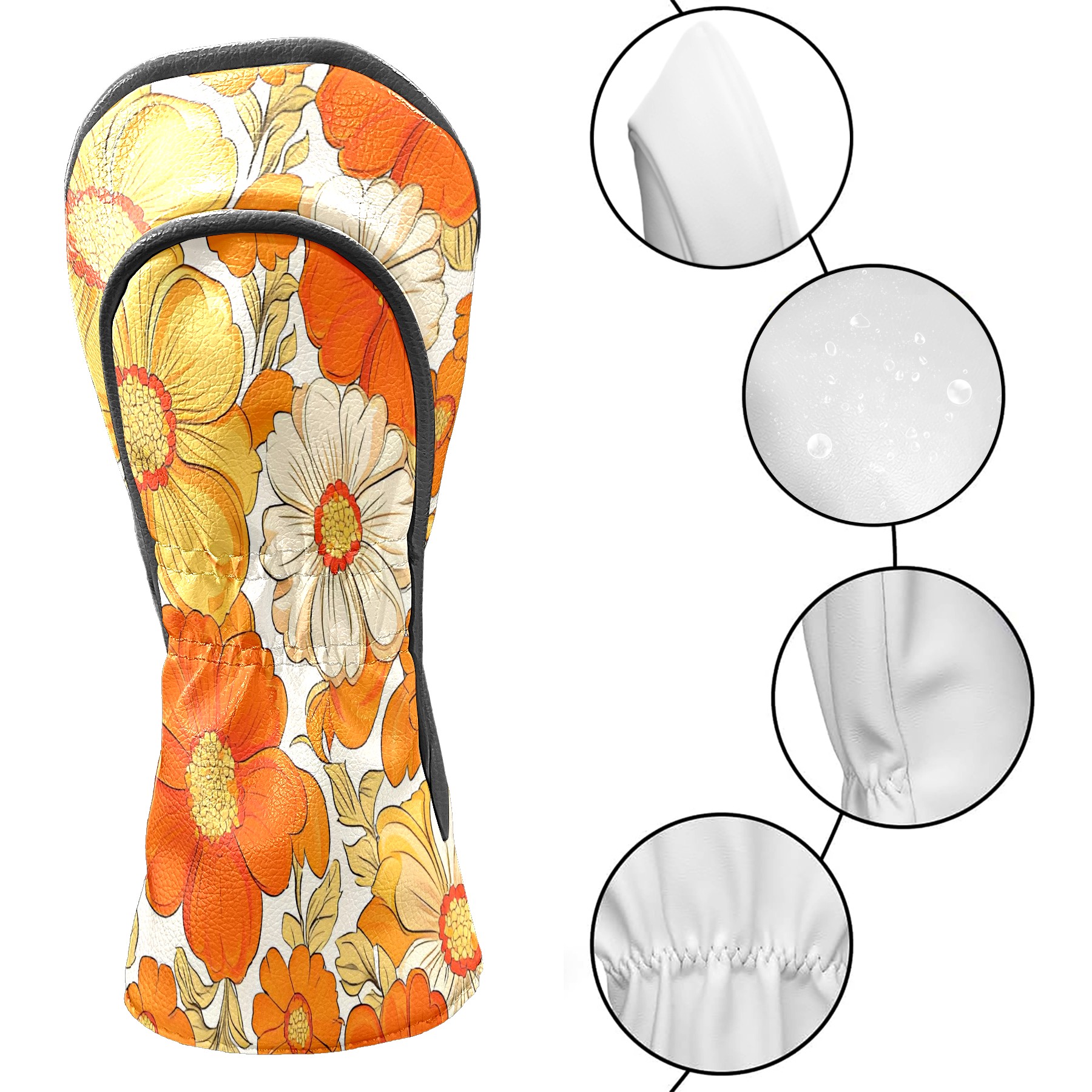 Golf Club Covers, Orange Flower Premium PU Leather Driver Hybrid Putter Head Covers with Velvet Lining, Waterproof Golf Gifts for Men Women