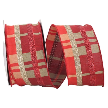 Reliant Ribbon - 93507W-994-40F Grand Dupione Plaid Glitter Stripes Wire Ribbon Red/gold 2-1/2 Inch 10 Yards